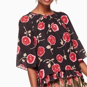 Kate Spade Small Black, Red, Pink Hazy Rose Layered Bell Sleeve Blouse Top